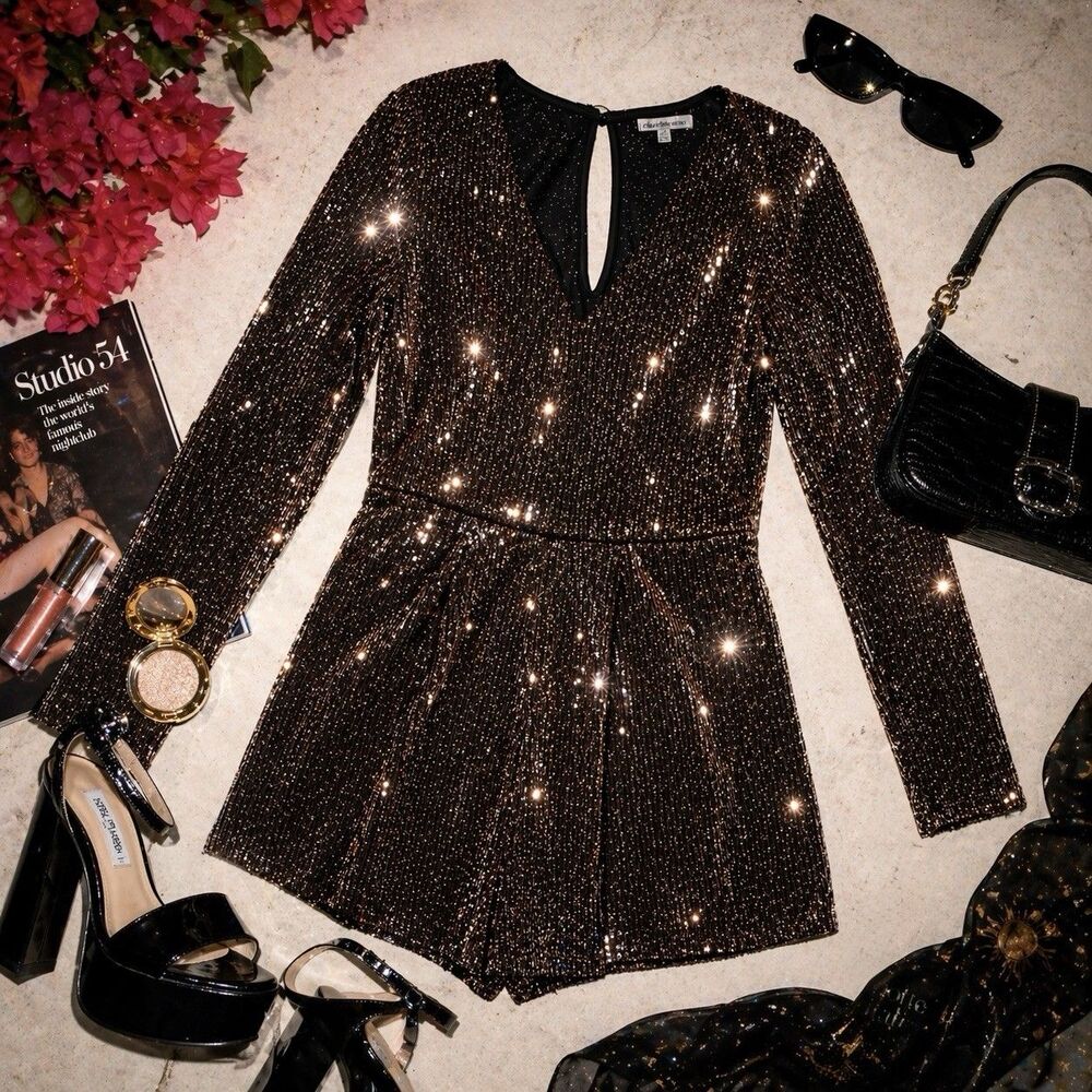 Sequin Romper V Neck Long Sleeve Brown Sparkle Y2K Party Glam Girls Night Out